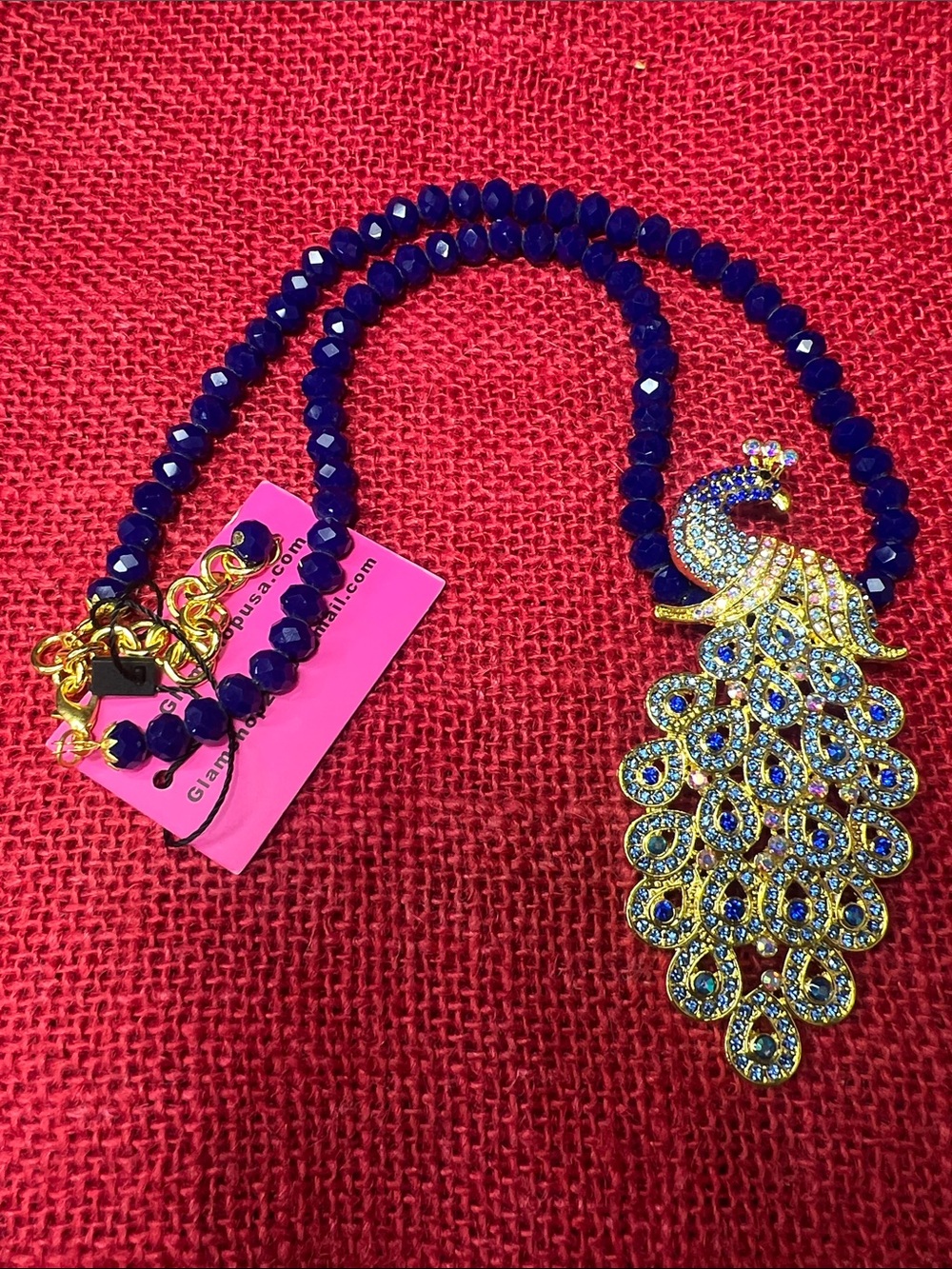 Glam Gold Peacock Pendant Necklace with Deep Blue Beads